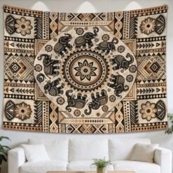 Tenture Murale Mandala « Ronde des Éléphants Tribale »