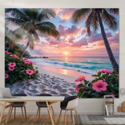Tenture Murale Paysage Plage Tropicale et Hibiscus Roses