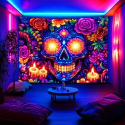 Tenture Murale Tête de Mort Calavera Psychédélique aux Bougies