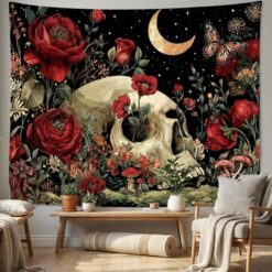 Tenture Murale Tête de Mort Roses Rouges et Croissant de Lune